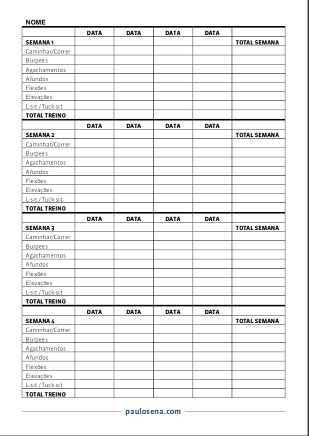 Imprime grelha de registo de treino